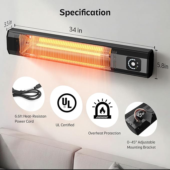 Wall-Mounted Electric Patio Heater, 34" 1500W Infrared Heater With Motion Sensor, IPX5 Waterproof, 9 Heat Level & 9H Timer, Indoor & Outdoor Heaters for Patio, Backyard, Garage, and Decks