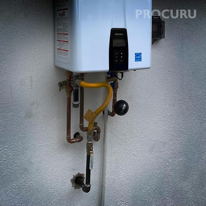 PROCURU 1" OD x 18" (1.5Ft) x 3/4"MIP x 3/4"FIP Flexible Gas Connector Kit with Service Valve Kit (Sweat), WP Stainless Steel MaxFlow High Capacity Tubing for Tankless Water Heater (Blue-D2 Series)
