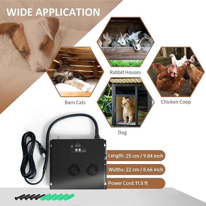 Briidea 400W Dog House Heater with PTC Rapid Heating (3 Seconds), 32℉-122℉ Temperature Range, 11.5FT Anti-Chew Cord, Heats Up to 120 Cubic Feet Dog Houses, Chicken Coops & Rabbit Cages