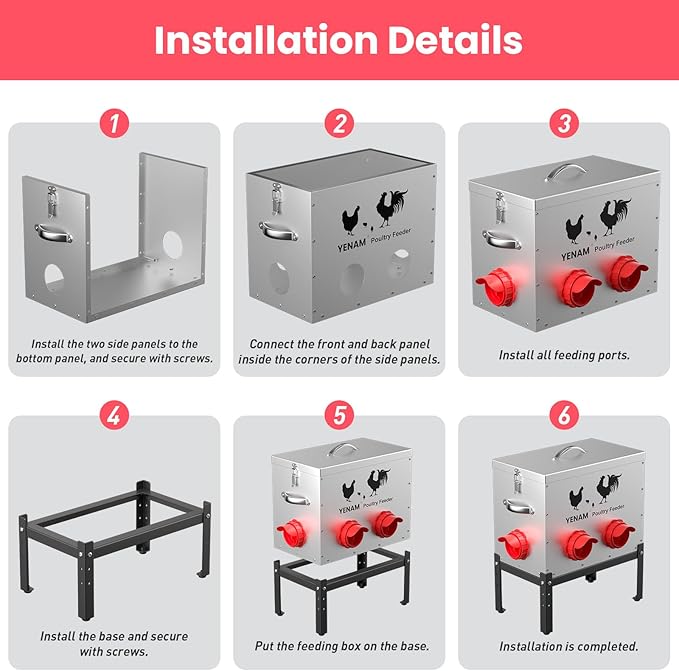 40 lb Automatic Chicken Feeder No Waste, 6 Feeding Port Large Metal Chicken Feeders, Poultry Feeder with Adjustable Height Base & Locking Lid, Rat Proof Chick Feeder for Chickens, Ducks & Geese