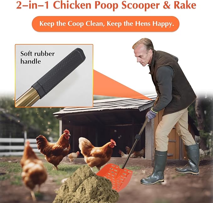 Chicken Poop Scooper & Rake 2-in-1 Telescopic Chicken Litter Scoop for Chicken Coops & Small Farm Animals Sand Sifting Litter Shovel (Orange)