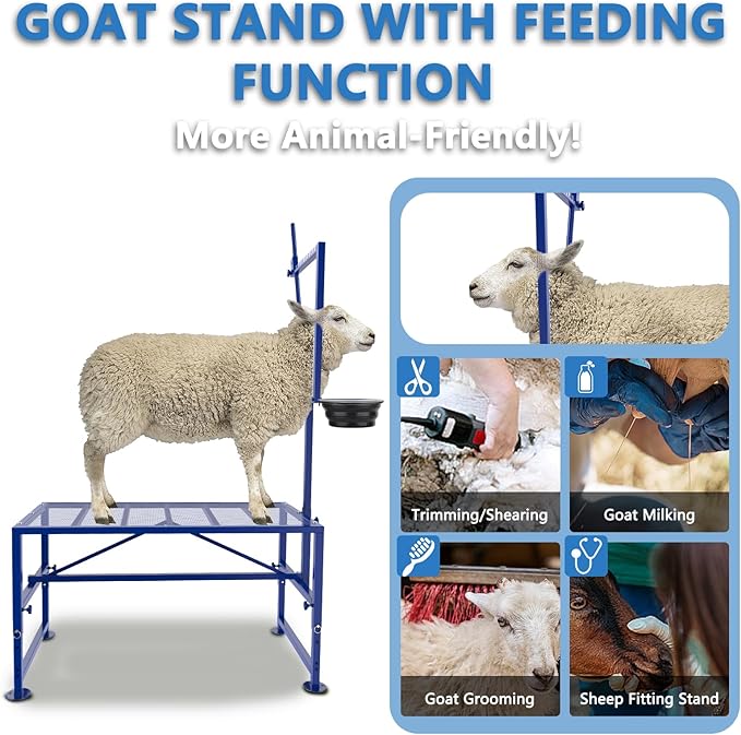 600 LBs Goat Stand with Feed Bin, Goat Milking Stand for Sheep Trimming and Milking, Hoof Trimming Stand Adjustable Size, with Feeder, Iron Blue