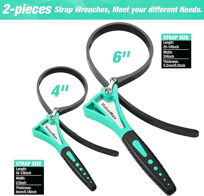 ValueMax 2-piece Strap Wrench Set, Adjustable Oil Filter Wrench with Max Diameter 4" (Small) and 6"(Large) for Shower Head Water Filter, Jar Opener Set, Green