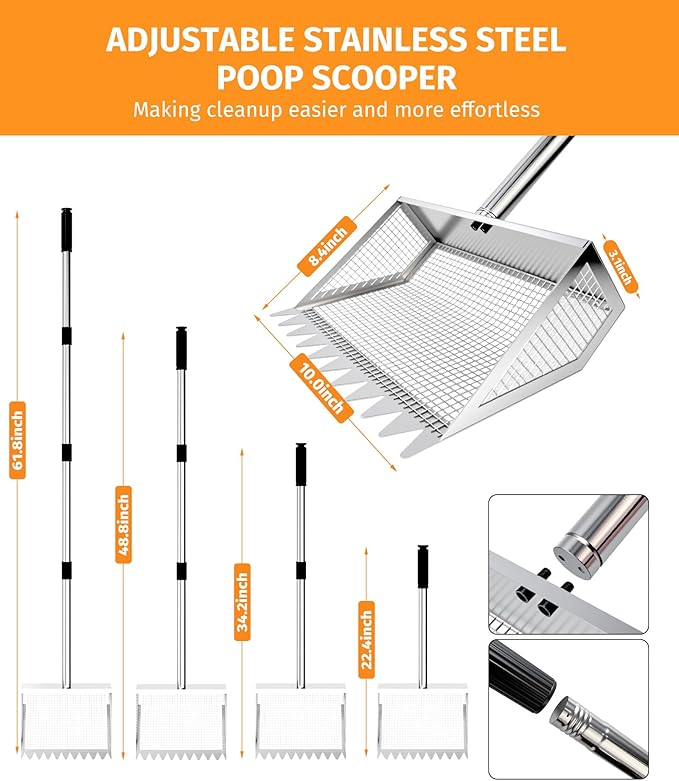 Chicken Poop Scooper and Rake – 2-in-1 Metal Litter Sifter for Chicken Coops, Sand, and Runs with 22–62" Adjustable Handle, Heavy-Duty Cleaning Tool for Chicken and Duck