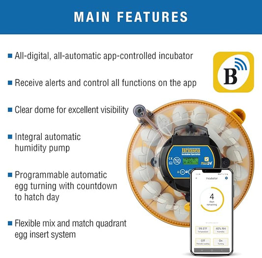 Brinsea Maxi 24 EX Connect App Controlled Egg Incubator with Automatic Humidity Control and Egg Turning for Hatching 24 Chicken, Duck, Other Eggs. Precision App-Driven Digital Controls and Alarms