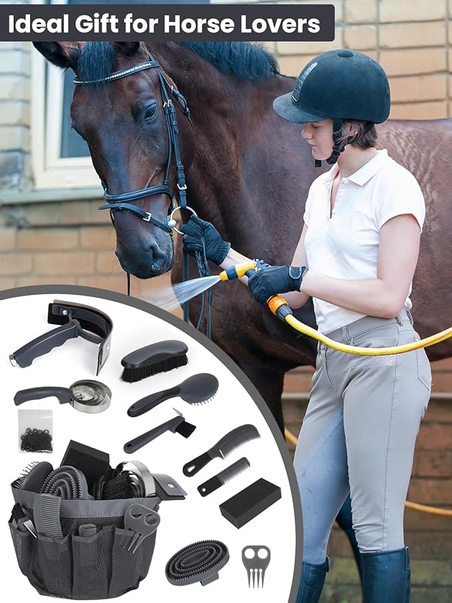 Horse Grooming Kit 12 Pcs – Complete Horse Brushes & Care Supplies Set with Organizer Tote Bag, Equine Coat Grooming Tools, Tack Room Equipment & Gifts for Horse Owners & Lovers