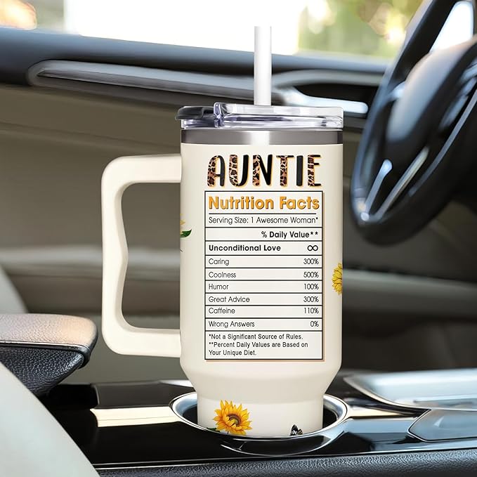 Gifts for Aunt, New Aunt, Auntie Gifts from Niece, Nephew - Christmas, Birthday, Mothers Day Gift for Auntie - 40oz Sunflower Tumbler With Handle & Straw