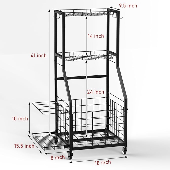 Sports Equipment Garage Organizer,Garage Ball Storage Rack for Sports with Wheels-Upgraded 3 Layers Sports Organizer Rack Outdoor Basketball Racks for Balls with Holder and Hooks