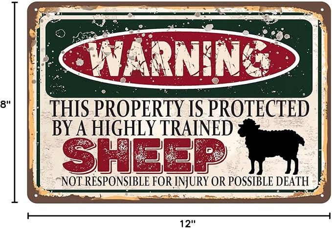 Vintage Sheep Metal Sign, Warning this property is protected bY a highly trained Sheep Sign Funny Tin Signs 12x8 Inch