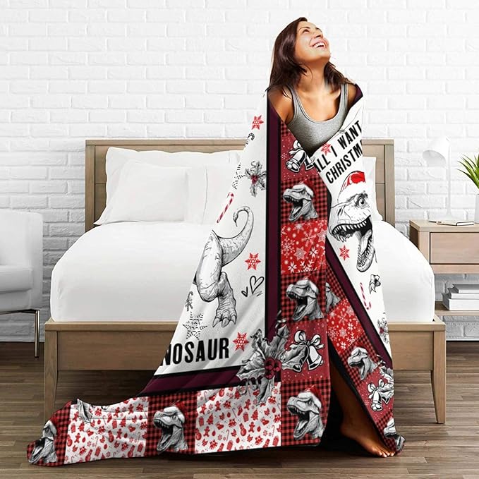 Mudiwa Christmas Dinosaur Blanket Cute Dinosaur Flannel Plush Throw Blanket Cozy Dinosaur Decor Fleece Bedding Stuff Blanket Gifts for Dinosaur Lover Girls Boys Kids Adults Women Bed Travel 60"x80"