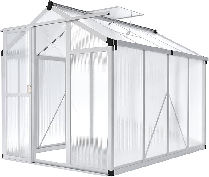 6x8 ft Greenhouse, Large Aluminum Greenhouses for Outdoors, Heavy Duty Polycarbonate Greenhouse with Roof Vent, Walk-in Green Houses for Winter Garden, Backyard, Patio, Lawn, Easy Assembly