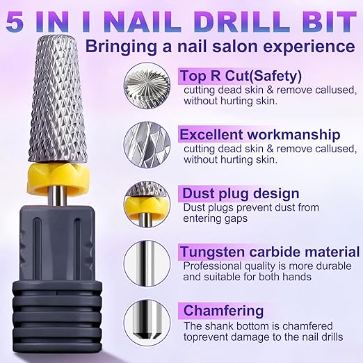 Fantexy 3/32" Carbide Nail Drill Bit - Remove Acrylic Hard Gels Quickly and Safely, 5-in-1 Tungsten Carbide Nail Drill Bit for Nail Art,Manicure,Pedicure,Gel,Cuticle Clean (Extra Fine - XF)