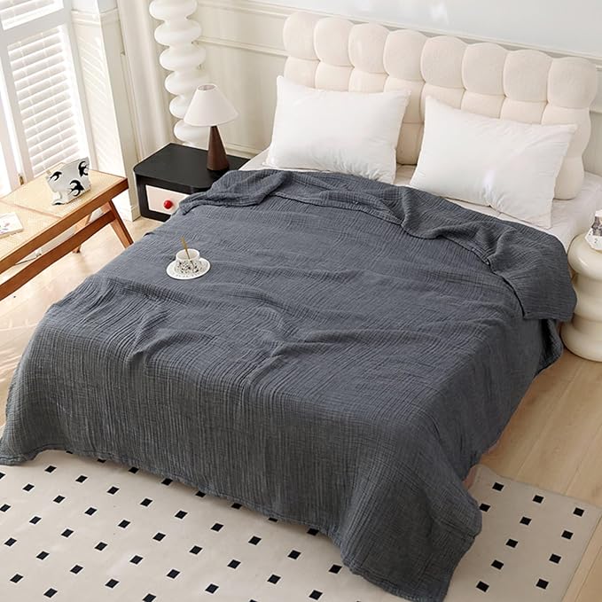 Boho Throw Blanket, 100% Cotton Ultra Soft Luxury Throw Rustic Quilt, Muslin Breathable Soft Bed Throw ,All Throw for Sofa Couch Chair 60×80 Inch (Grey Blanket, 60x80 Inch)