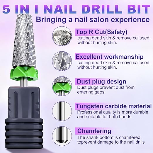 Fantexy 3/32" Carbide Nail Drill Bit - Remove Acrylic Hard Gels Quickly and Safely, 5-in-1 Tungsten Carbide Nail Drill Bit for Nail Art,Manicure,Pedicure,Gel,Cuticle Clean (Coarse - C)