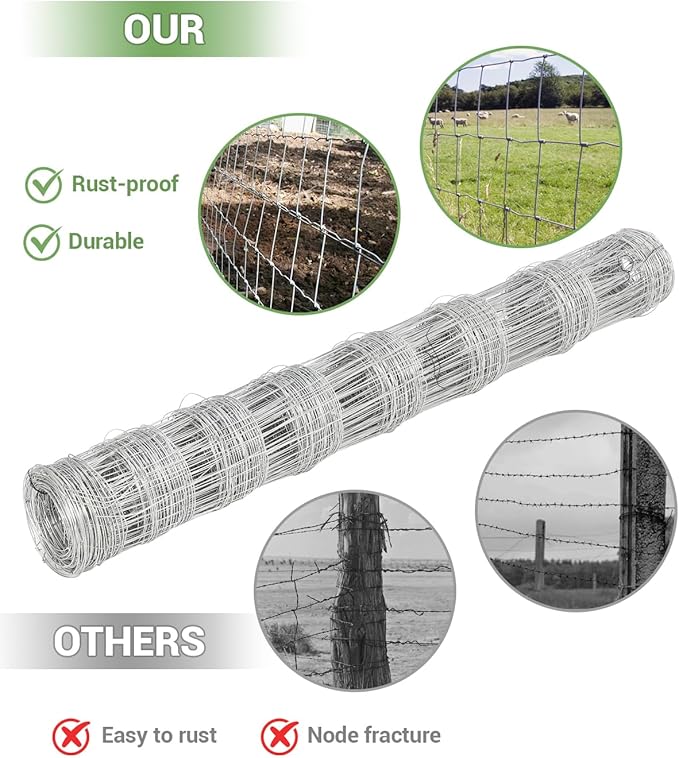 Farm Fence, 4FT x 328FT Heavy Duty Galvanized Cattle Fence Panel - Zinc Coated Wire Fencing for Livestock, Goat, Sheep & Garden Enclosure, Farm Animal Protection