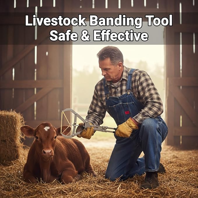 12 Elastrator Bands with Extra Large Stainless Steel Banding Tool Bander Livestock Management Fits Bull,Calves, Goats, Sheep, Easy Application