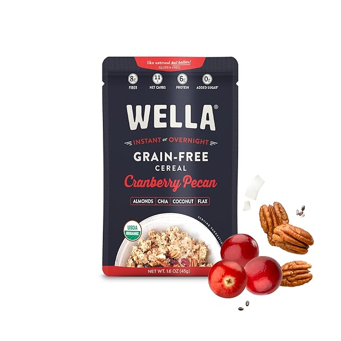 Wella Cereal Oatmeal Alternative, Gluten-Free Breakfast Hot Cereal, Grain-Free Paleo Organic Vegan High Protein Superfood, Plant-Based Non-GMO, Low in Net Carbs, Single-Serve Packets, Cranberry Pecan Flavor (5 Count, 1.6 oz. Packets)