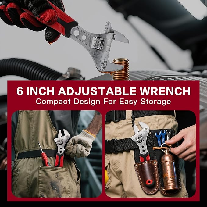 6-Inch Adjustable Wrench, Wide Jaw Adjustable Wrench with Anti-Slip Grips, Cr-V Steel Wrenchs for Home Repair, DIY, Garage