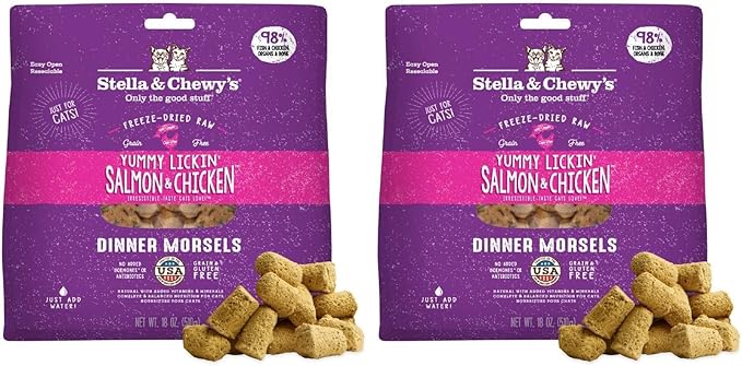 Stella & Chewy's Freeze-Dried Raw Cat Dinner Morsels - Premium Salmon & Chicken Recipe with 98% Wild-Caught & Cage-Free Protein - Natural Grain-Free Cat & Kitten Food - Made in USA - 18 oz (Pack of 2)