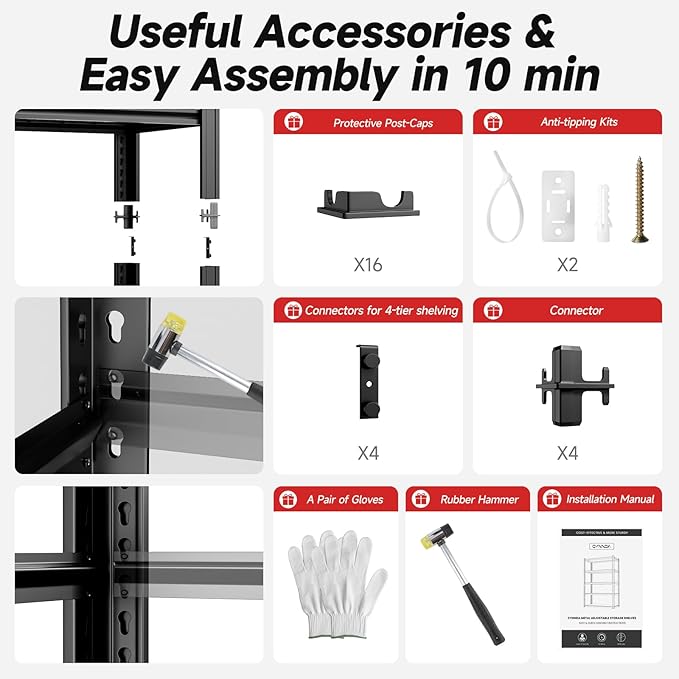 4-Tier 60”W Garage Shelving Heavy Duty 2500LBS Garage Storage Rack 60" W Basement Warehouse Storage Shelves Units Adjustable Metal Shelf for Garages(Black)