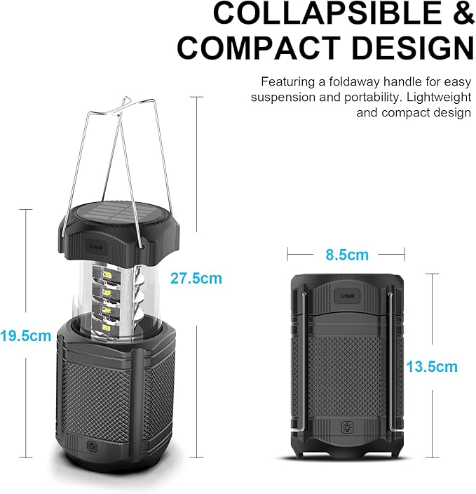 Camping Lantern 5000mAh Solar Hand Crank Telescopic LED Flashlight USB Charger for Power Outages ,Portable Rechargeable Battery Powered Operated Lanterns Lamp, Camping Gear Accessories (Black)