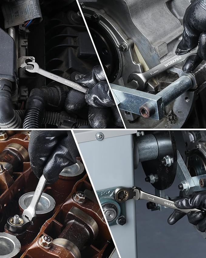 WORKPRO 13 mm Flex-Head Ratcheting Combination Wrench, Cr-V Constructed, Nickel Plating, 72-Teeth, 12 Point Design, Metric