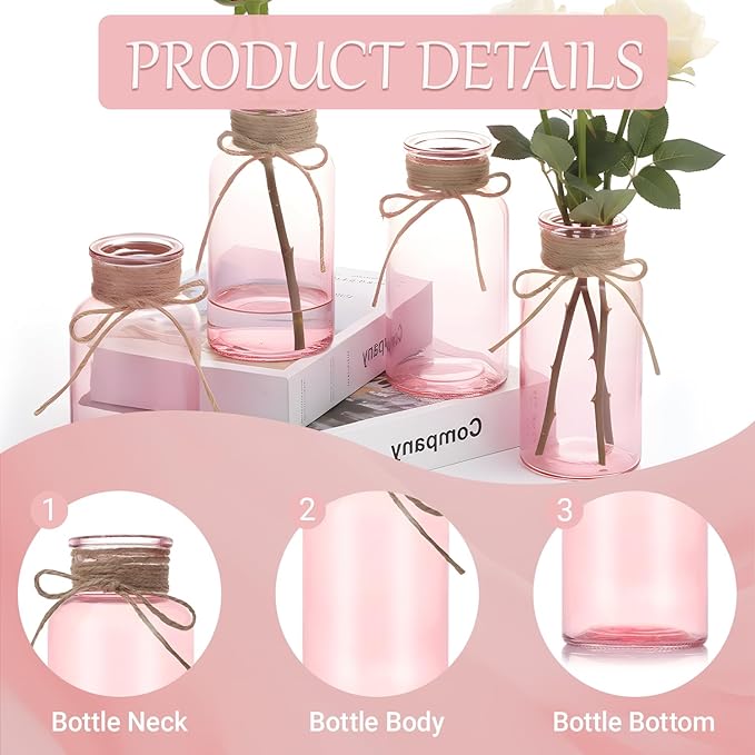 Pink Glass Flower Vases for Centerpieces Set of 12, Mason Jars Boho Cylinder Bud Vases in Bulk, for Weddings Parties Vintage Home Decor