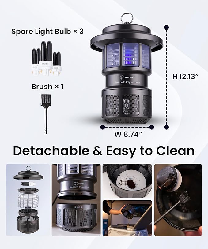 OWLTRA OMT-L20 Indoor & Outdoor Electric Insect Trap, Catcher & Killer Lamp for Mosquitoes, Biting Flies, Wasps, Moths, Sink Bugs, No-See-Ums and More with Light Attraction and Fan Suction, Gray