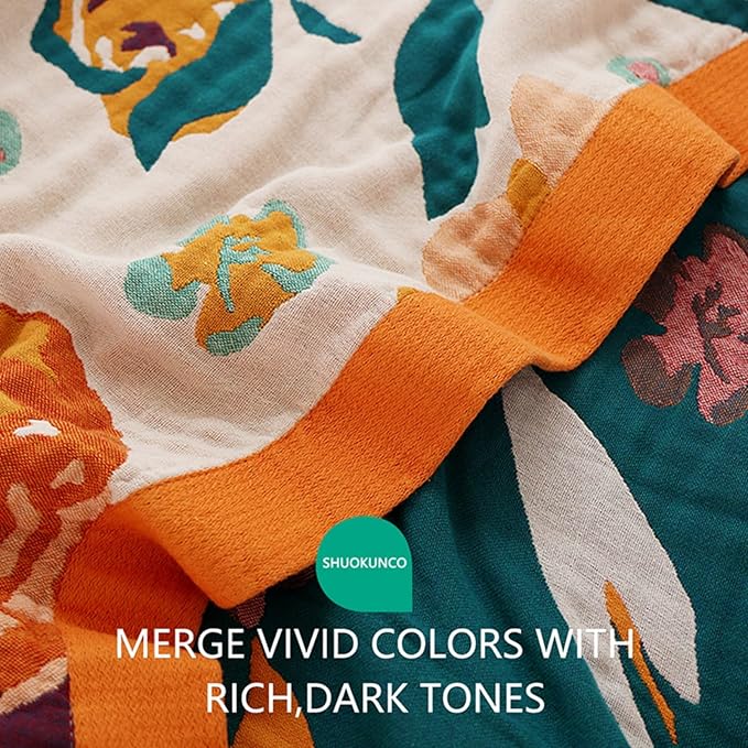 Boho Throw Blanket for Bed 100% Cotton Ultra Soft Rustic Quilt Floral Printed Farmhouse Decor Fall Bed Blankets,90"×98" All Season Rustic Large Throw for Sofa Couch Chair