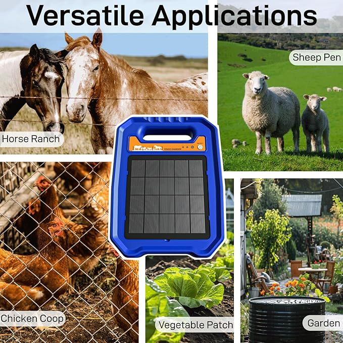 Solar Electric Fence Charger for Livestock, Low Consumption Electric Fence Controller with Smart Day/Night Mode, Suitable for Pasture or Garden Fencing
