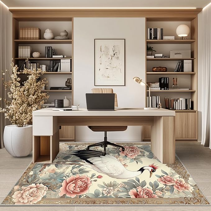6x9 Crane Area Rugs Boho Japanese Crane Floral Rug for Living Room Indoor Soft Non-Slip Thin Large Carpet Beige Rugs for Bedroom Home Decor Under Table Washable Machine