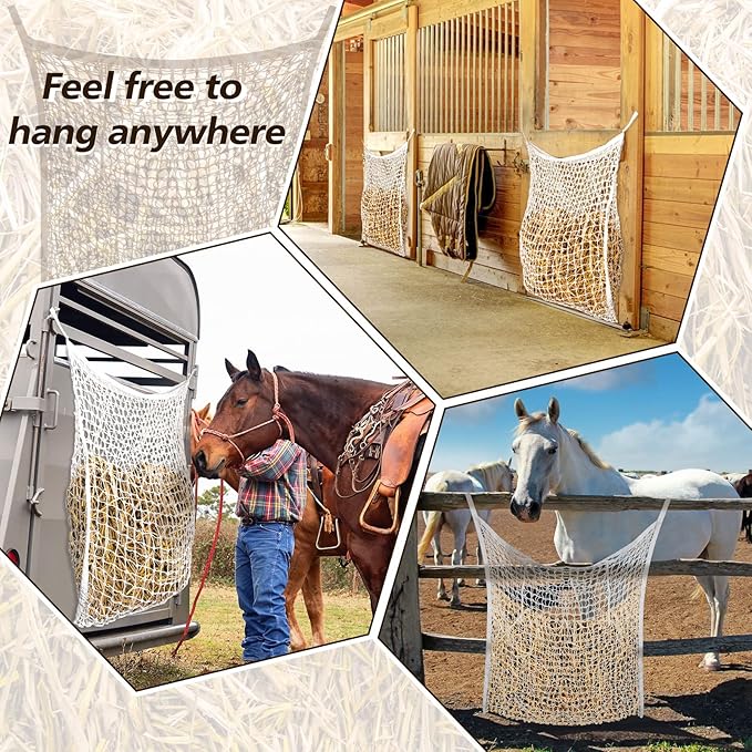 Fabbay 2 Pcs Slow Feed Hay Net Hay Feeder Bags for Horses Goat Stall Trailer Horse Feeding Supplies(35 x 31 Inch,White)