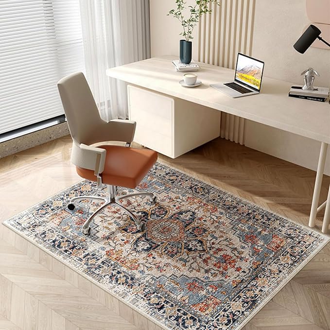 Area Rugs Washable Non-Slip, Floral Vintage Distress Print Pattern Medallion Carpet for Living Room Bedroom Dining Room, Beige Navy Blue Orange Colorful (Blue, 5' x 7')