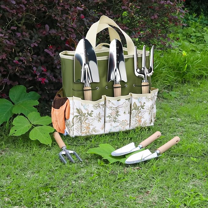 9-Piece Garden Tool Set, Heavy Duty Gardening Hand Tools with Wood Handle, Including Garden Tote, Gloves, Durable Stainless Steel Garden Tools, Gardening Gifts for Women, Mom, Men