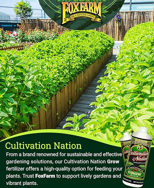 FoxFarm Cultivation Nation Grow Fertilizer - Formula for Optimal Vegetative Growth, Perfect for Soil, Soilless Media, Hydroponics & Aeroponics - Part 1 of 3-Part Feeding Program- NPK 2-1-6 (Quart)