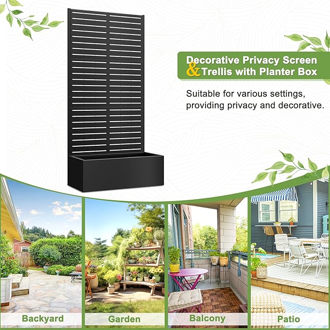 FENCY Metal Raised Garden Bed with Trellis, Metal Planter Box with Trellis, Garden Box for Climbing Plants Vegetable, 35" Lx16 Wx71 H Garden Bed with Drainage Holes(Black-Louvered)