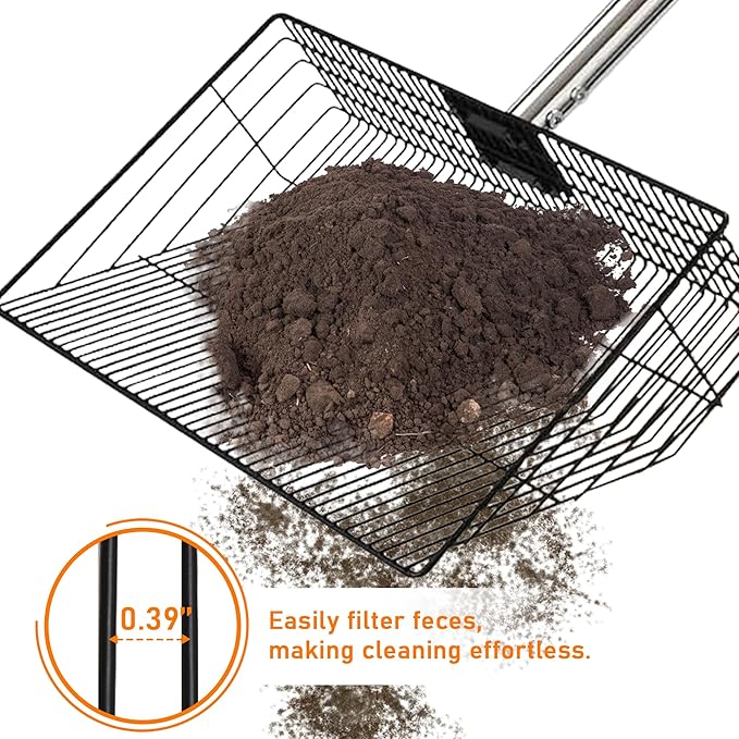 Extra Large Chicken Poop Scooper – 15'' Wide Stainless Steel Litter Cleaner, 5-in-1 Adjustable Handle (37-77 Inch), for Chicken Coops, Poultry Barns, Durable Farm & Outdoor Tool