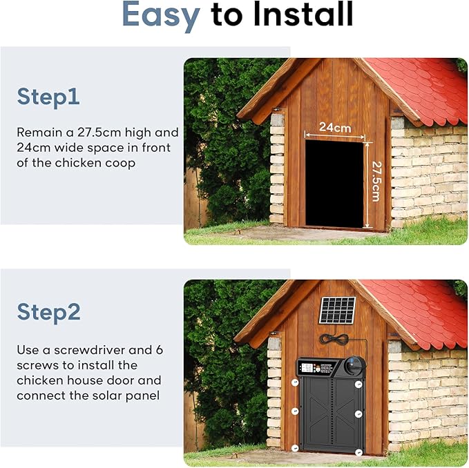 Large Size Automatic Chicken Coop Door Solar - Powered Auto Chicken Door Opener, Timer Modes for Safe and Convenient Chicken Keeping with Intelligent Obstacle Sensors, Remote Control, 14.2"H x 10.83"L
