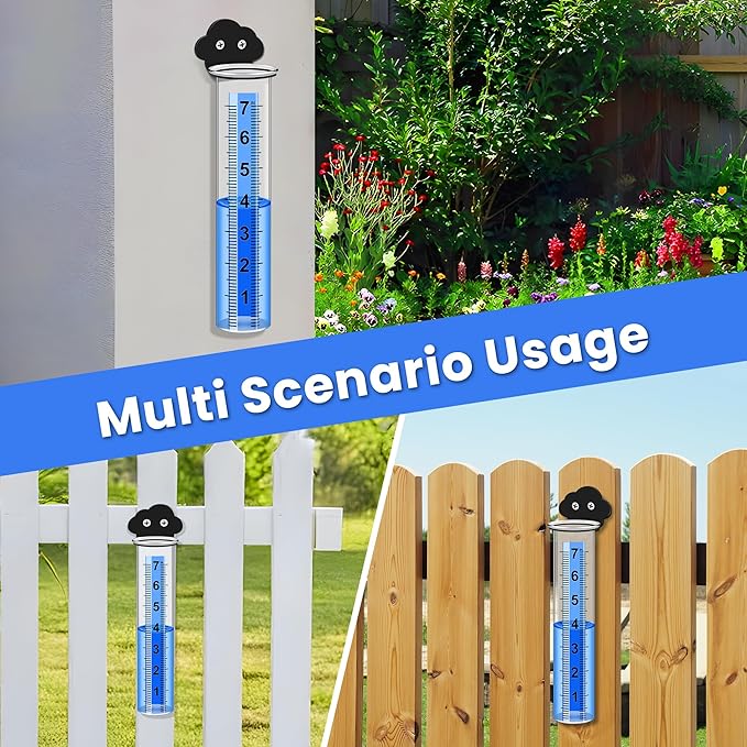 Rain Gauge Outdoor, Rain Gauge Replacement Tube with Stainless Steel Mounting Rack Holder, 7" Clear Large Numbers Rain Gauge Measuring Tool for Garden Yard Lawn Patio Yard Fence and Farm Use (Cloud)