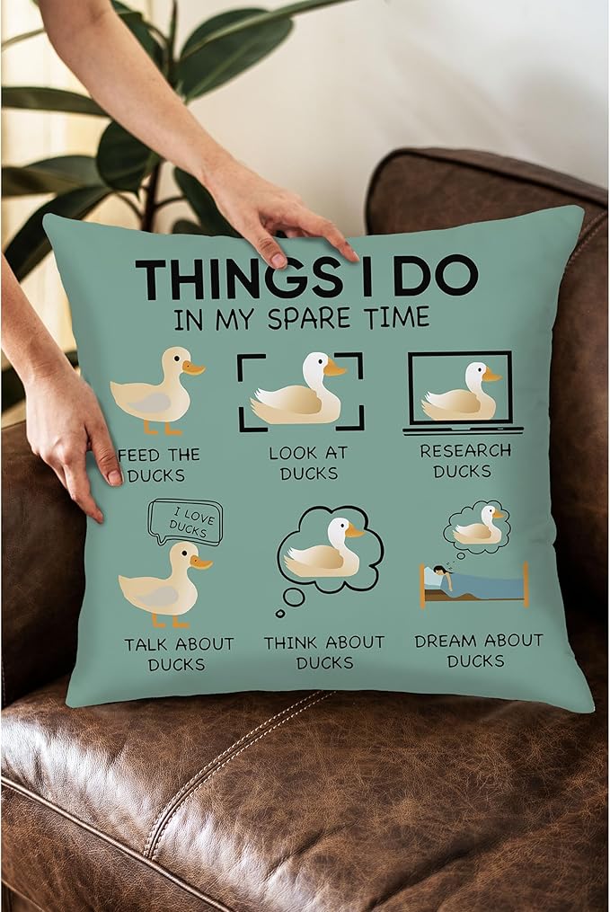 Funny Duck Throw Pillow Covers 18 x 18-Things I Do in My Spare Time Duck Decorative Pillow Covers,Funny Duck Gifts,Duck Gifts for Duck Lovers,Duck Themed Gifts for Women,Duck Decor (Green)