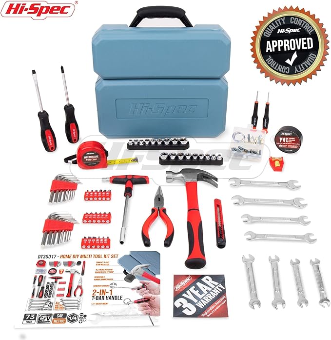 Hi-Spec 73pc Home and Garage Tool Kit Set. Essential Household and Auto Repair Tools. Includes Pliers, Sockets, Wrenches and a Hex Key Set in a Toolbox Carry Case