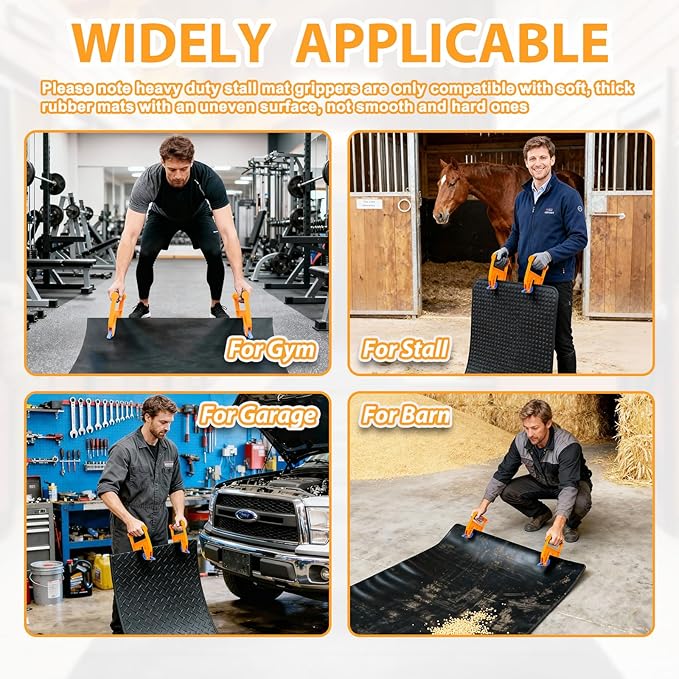 Heavy Duty Stall Mat Grippers, Pair of 2 Mat Mover Tools, 300LBS Capacity, Effortless Rubber Mat Remover for Stalls, Barn & Gym, Saves Back & Hands, For Soft, Thick, Uneven-Surface Rubber Mats