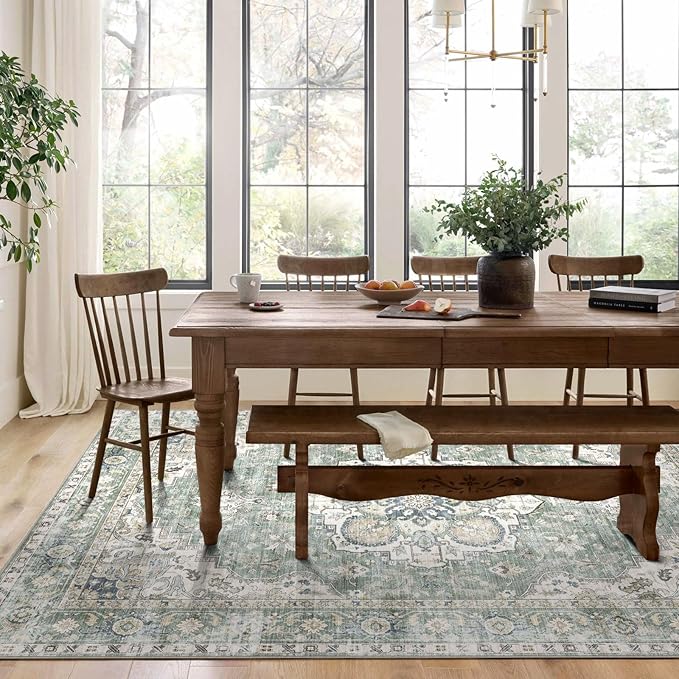 Washable Area Rug 8x10 - Large Sage Green Boho Rugs for Living Room Soft Vintage Bedroom Rug Ultra-Thin Farmhouse Oriental Distressed Carpet Non Slip Rug for Dining Room Guest Room Home Decor