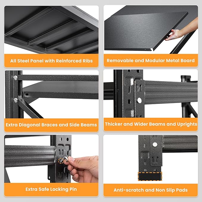 Set of 2 Storage Shelves, 48” Wide Heavy Duty Garage Shelving Units, 4 Tiers Rack Shelf, 24” Deep Steel Industrial Shelving, 3000LBS Adjustable Standing Shelf for Warehouse / Shop 48"W x 24"D x 70"H