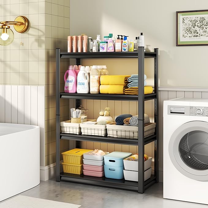 Storage Shelves, Garage Metal Shelving Unit, Adjustable, Double-Layer Column with Reinforced Ribs, Heavy-Duty, Capable of Bearing 600-3600 lbs (Black, 47''W*24''D*63''H, 4-Tier)