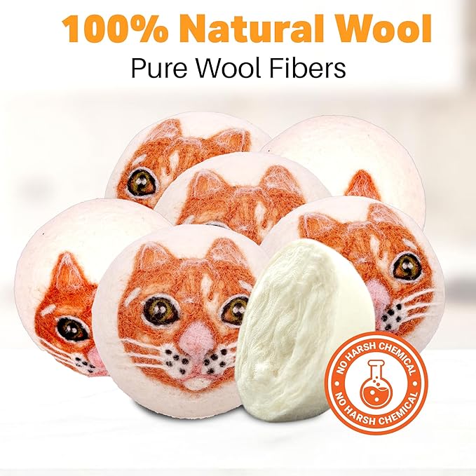Wool Dryer Balls 6-Pack 100% Natural New Zealand Wool, Handmade in Nepal Reusable Laundry Balls, Faster Drying, Softer Clothes, Anti-Static, Dryer Sheets Alternative (Orange Cat)