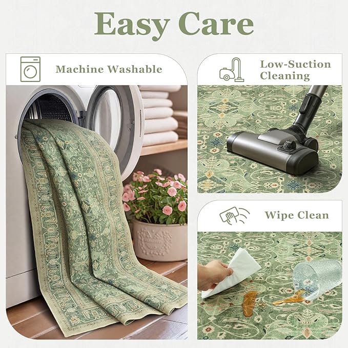 Sage Green 3x5 Entryway Rug Indoor, Boho Floral Moroccan Pattern Printed Throw Rugs for Nursery Bedroom Bedside, Low Pile Thin Non Slip Washable Area Rug for Kitchen Foyer Mudroom Dorm