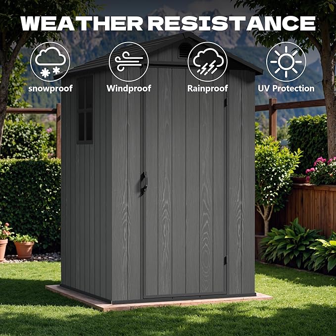 Devoko 4x4 FT Outdoor Shed, Compact & Secure Plastic Resin Storage with Lockable Door, Features Built-in Floor & Window for All-Weather Garden, Patio, and Poolside Organization, Deep Gray