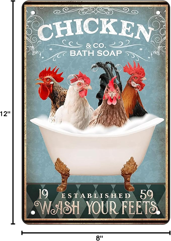 Fun Chicken Bathroom Sign - Bathtub & Wall Decor - Retro 8x12 Inch
