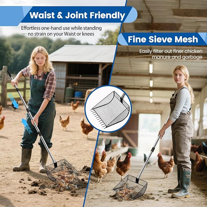 Chicken Poop Scooper for Sand, 2-in-1 Rake & Pooper Scooper with Large Sifting Shovel, Adjustable Stainless Steel Handle (36"-62"), Chicken Coop Litter Scoop & Cleaning Tool for Farm Animals